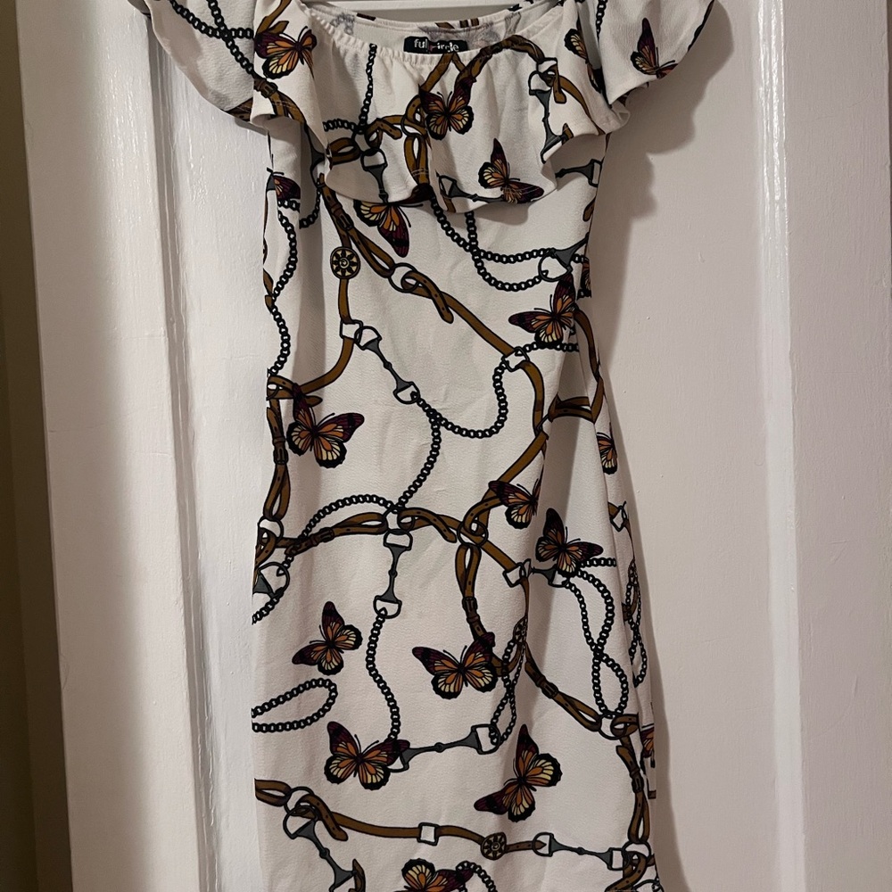 Forever 21 White Mini Dress with Brown and Orange Butterfly Print